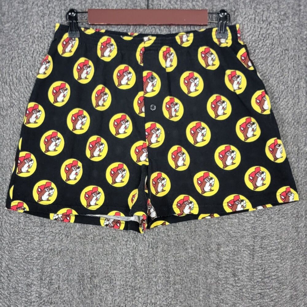 Buc-ees Lounge Sleep Wear Shorts Mens M Black Beaver All Over Print Boxer Style - Picture 1 of 8